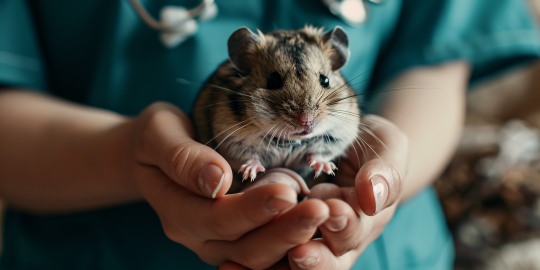 A vet holding a hamster in their hands